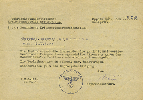 German document for the "Crusade Against Communism Medal"